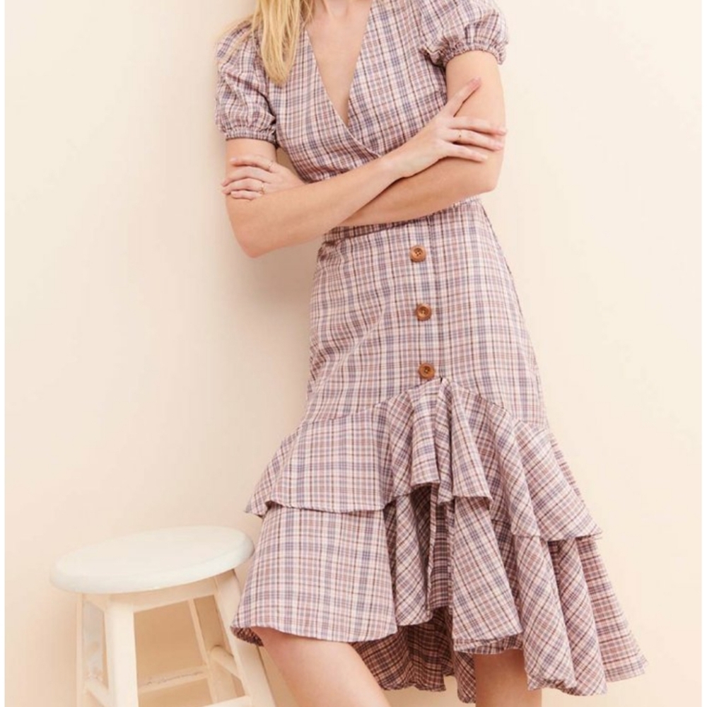 English Factory Plaid Pink Tiered Dress Size Small